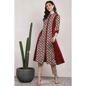 ชุดคุร์ตะผ้าฝ้ายทรงเอพิมพ์ลายสีน้ำตาลแดงสำหรับผู้หญิงที่สวมใส่สบาย - Product Image 2