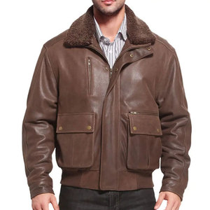 Chaqueta de Cuero Auténtico Marrón Desgastado para Hombre, Estilo Bomber con Cuello de Piel, Logotipo Frontal y Detalles de Tela de Lona - Product Image 5