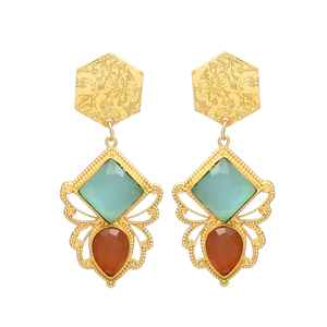 Nouveauté Boucles d'oreilles longues en or avec motifs géométriques classiques Boucles d'oreilles pendantes en chaceldony aqua et orange - Product Image 1