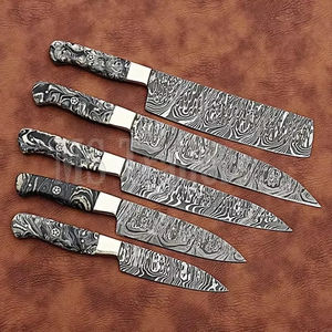Juego de Cuchillos de Cocina de Acero de Damasco de 5 Piezas de Primera Calidad, Hechos a Mano con Mango de Resina, Personalizables OEM - Product Image 1