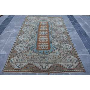 Alfombra turca tradicional marrón azul hecha a mano, 5,2x8,2 pies, patrón de pasillo Rectangular para sala de estar, mesita de noche, poliéster para adolescentes - Product Image 1
