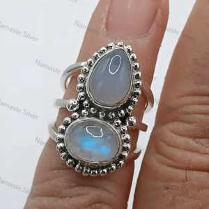 Chalcedony & Rainbow Moonstone Dual Gemstone Boho <b>Ring</b> Retro Style Handmade Sterling <b>Silver</b> <b>Statement</b> Jewelry Gift for Her - Product Image 4
