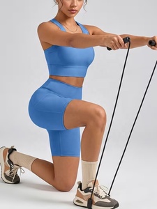 Custom <b>Blue</b> 2 Piece Yoga Set Racerback Crop Top High Waist Shorts Seamless With Pockets Four Way Stretch Spandex Polyester - Product Image 2