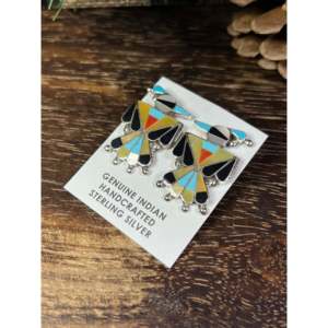 Zuni Made <b>Sterling</b> <b>Silver</b> Multi Stone Inlay Thunderbird <b>Stud</b> <b>Earrings</b> - Product Image 4