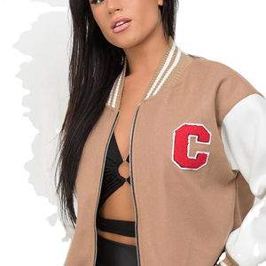 OEM, nouvel arrivage, vestes universitaires pour femmes, vêtements d'hiver, veste universitaire en laine à manches en cuir pour femmes - Product Image 2