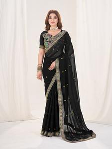 Saree en soie georgette pure élégant avec broderie complète parfait pour toutes les occasions - Product Image 2