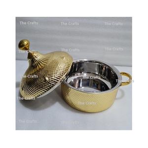 Cazuela de acero inoxidable de color plateado con perillas de latón, utensilios de cocina de forma redonda, olla caliente para servir en la India - Product Image 6