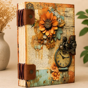 Vintage Floral Cardboard Cover Journal <b>with</b> Antique <b>Lock</b>, 7x5 Handmade <b>Diary</b>, Deckle Edge Paper Notebook - Product Image 2