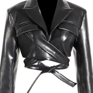 Otoño 2025 moda mujer PU cuero abrigo corto ajustado Cruz encaje cintura manga larga chaqueta solapa cuello sólido fino XL para primavera - Product Image 1