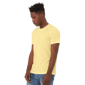 Kaus katun 100% ringan untuk pria, kaos katun bercetak leher bulat lengan pendek warna kuning muda untuk pria