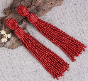 Wine <b>Red</b> Beaded Tassel <b>Earring</b>, Oscar De La Renta Style - Product Image 2