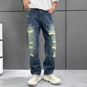 กางเกงยีนส์ผู้ชายแนวสตรีททรงหลวมขาตรงสไตล์อเมริกันทำจากผ้าฝ้าย - Product Image 1