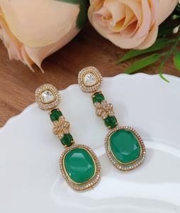 Pendientes de Moissanite Polki con piedra doble para mujer, pendientes de gota de lujo para niñas, pendientes de diseño hermosos y únicos - Product Image 1