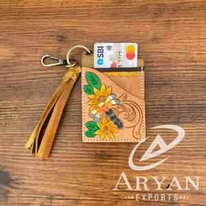 เคสใส่บัตรหนัง ATM ลายดอกไม้แท้มีสไตล์ทันสมัยเคสใส่บัตรมีพู่ห้อยแฟชั่นตะวันตกขนาดเล็กน่ารักมาใหม่พร้อมพวงกุญแจ - Product Image 1