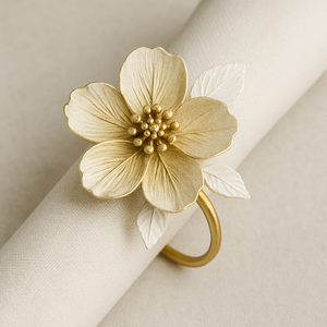 Servilletero de metal con flor dorada realista con detalle de hoja elegante soporte hecho a mano para decoración de mesa de boda estilo de Evento de lujo - Product Image 3