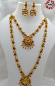 Gargantilla de templo Lakshmi de oro de doble capa antigua, conjunto de collar largo, joyería India Polki tradicional para mujer para fiesta - Product Image 3