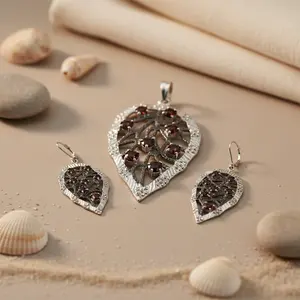 925 Silver <b>Garnet</b> Leaf <b>Pendant</b> & Earrings Set for Women Fine Jewelry Sets - Product Image 1