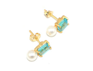 Pendientes de Botón de Diseño Único con Topacio Azul Suizo y Perla de Agua Dulce, Forma Rectangular, Chapados en Oro de 24k, Ligeros, de Latón, al por Mayor - Product Image 4