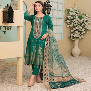 Tawakkal-traje de 3 piezas para mujer, traje con bordado completo, Jacquard, Banarsi, césped, TALIA - Product Image 5