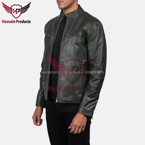 Veste en cuir véritable vert pour homme, col montant, double fermeture éclair sur la poitrine, en peau de mouton, couleur olive foncé, style Cafe Racer, veste de motard personnalisée, vêtement d'extérieur d'hiver - Product Image 3