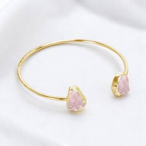 Gold Plated Rose Quartz Raw Birthstone Cuff <b>Bangle</b> 925 <b>Silver</b> Stackable <b>Bangle</b> for <b>Women</b> Natural Rough Gemstone <b>Bangle</b> - Product Image 1