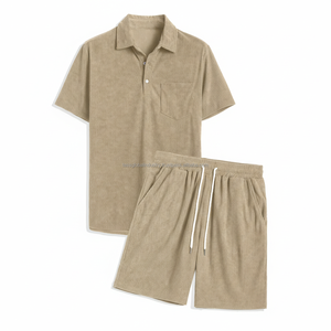 Conjunto de Polo Acanalado Personalizado OEM para Hombre - Camisa de Manga Corta Texturizada Color Caqui y Pantalones Cortos, Conjunto Casual de 2 Piezas - Product Image 1