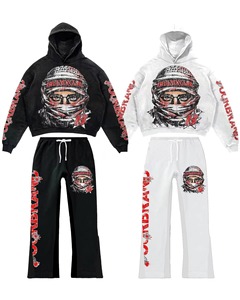 Sweat à capuche zippé surdimensionné pour homme, coupe ample, délavé à l'acide, tissu lourd avec imprimé flamme délavé, style hip-hop - Product Image 4