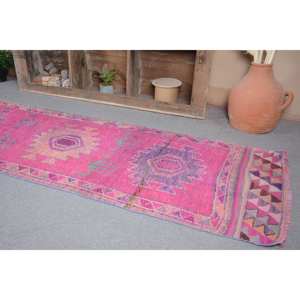 Tapis Turc Vintage Grand 3.1 X 11.2ft Rose Violet Laine avec Motif Abstrait Patchwork Design pour Couloir Chambre Latex Soutenu - Product Image 2