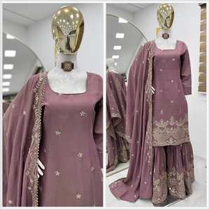 Último diseñador pesado bordado hilo trabajo Faux Georgette Dupatta indio pakistaní Palazzo traje hecho de seda para fiestas - Product Image 5