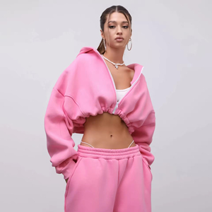 Top Fashion Streetwear Women Tracksuit 2 Piece Custom Embroidered 100% Cotton French Fleece Crop Top Sets - Product Image 6