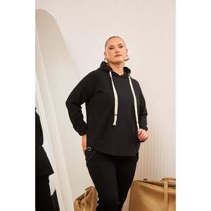 RMG Plus Size Women's Black Embellished Lace-Up Corded Hooded <b>Asymmetric</b> <b>Hem</b> Sweatshirt <b>Top</b> for Casual Wear - Product Image 4