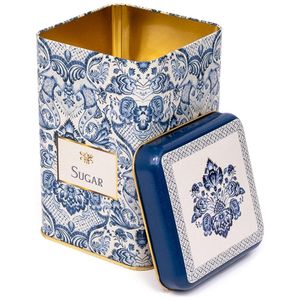 1.6L Azulejo-Inspired Blue White Decorative Pattern 105 x 105 x 160 mm Square Metal Storage Tin for Food Inspired Traditional - Product Image 2