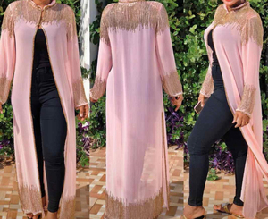 Nova dubaï Style caftan marocain Georgette une pièce Maxi robe longueur perlée à la main avant ouvert été femme vêtements tenue de soirée - Product Image 6