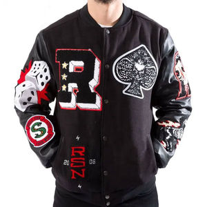 Chaqueta Universitaria Personalizada para Hombre, Chaqueta de Béisbol con Letras, Lana Negra Genuina, Mangas de Cuero Vacuno, Cuello Alto, Bordado, Estilo Urbano - Product Image 1
