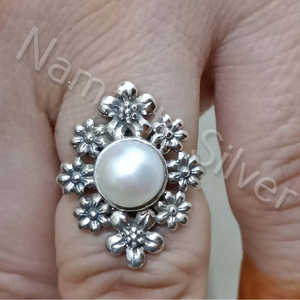 Handmade Romantic Floral Boho <b>Statement</b> <b>Ring</b> Pearl Sterling Silver Jewelry for Birthday Christmas Valentine's Day Gift for Her - Product Image 3