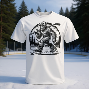T-Shirt Retrò con Bigfoot e Sasquatch che Giocano a Hockey, Design Promozionale in Stile Sportivo Retrò - Product Image 3