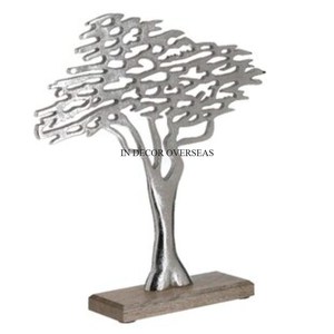 Silver Color Finishing Shiny Polished High Standard Quality Metal Tree Designer Sculpture With Wooden Base From Indian Supplier - Product Image 1