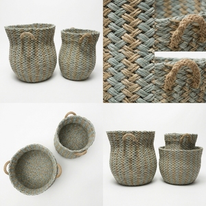 Natural Seagrass Recycled <b>Plastic</b> Storage <b>Basket</b> Set Blue Grey Herringbone Belly Pot Planter Handle Pure Art Room Decor Design - Product Image 3