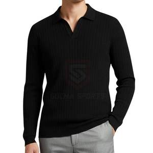 Polo à col Johnny noir pour homme, manches longues, tricoté, patte de boutonnage ouverte, col en V, coupe ajustée décontractée, pull tendance, luxe - Product Image 2