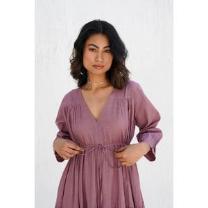 Robe longue bohème pour femme, col en V, taille naturelle, à volants, manches à cordon, décontractée, été, ethnique, 100% coton - Product Image 3