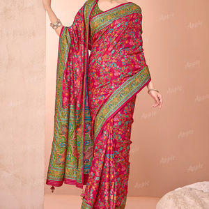 Saris de seda pura Dola con posición Jari Placement Print Sari de seda estampado elegante para ropa de boda festiva y saris de diseñador - Product Image 1