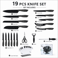 Ensemble de 19 couteaux de cuisine en acier inoxydable avec revêtement antiadhésif, manches en plastique imitation bois, lavable au lave-vaisselle, support inclus, couteau à fromage, couteau à pizza
