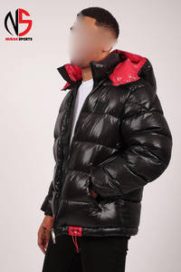 Veste matelassée noire brillante pour homme avec capuche rouge, coupe-vent, doudoune d'hiver chaude et isolée, style streetwear – Collection Homme - Product Image 4