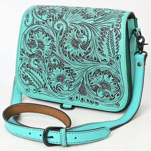 Handmade Bohemian Genuine Cowhide Leather Crossbody Bag Turquoise Tooled Floral Carved Vintage Western Purse <b>Lady</b> Summer Single - Product Image 4