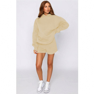 High Quality Custom Casual 2 Piece Set Women Oversize Hoodies <b>Top</b> Quality Cotton Short Set Solid Color Breathable Custom Design - Product Image 2