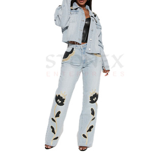 Otoño recién llegados Chaqueta corta y pantalones vaqueros conjuntos de algodón de mezclilla Streetwear mujeres conjunto de dos piezas transpirable último diseño conjunto de mezclilla - Product Image 1