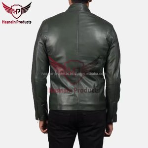 Veste en cuir véritable vert pour homme, col montant, double fermeture éclair sur la poitrine, en peau de mouton, couleur olive foncé, style Cafe Racer, veste de motard personnalisée, vêtement d'extérieur d'hiver - Product Image 5