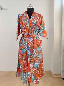 Robe kimono d'été pour femme, 100% coton, col en V, manches courtes, longueur totale, imprimé floral indien, lavable en machine, décontractée, classique - Product Image 2