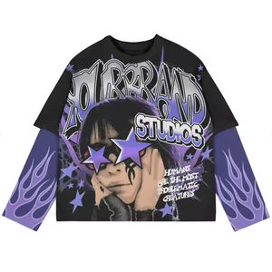 Vintage Double Layer Crew Neck <b>Long</b> Sleeve Acid Washed HD Dtg Print Double Layer <b>Long</b> Sleeve <b>T</b> <b>Shirt</b> for <b>Men</b> - Product Image 2