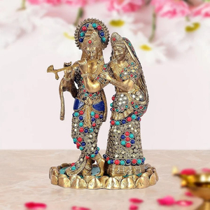 Radha Krishna Idol Statue 11 pouces traditionnel métal artisanat incrustation travail pour mariage religieux anniversaire Diwali célébrations - Product Image 3